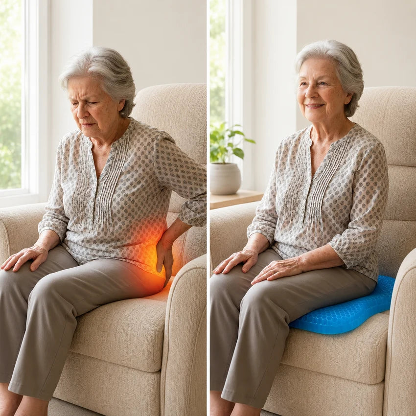 Before and after: an elderly woman wincing in an armchair with pressure highlighted at her hip and tailbone, then smiling while seated on a blue gel cushion